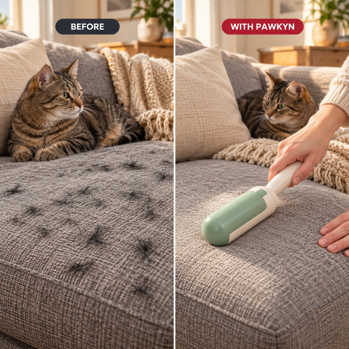 Before and after FurLift: cat hair on a sofa cushion vs clean cushion