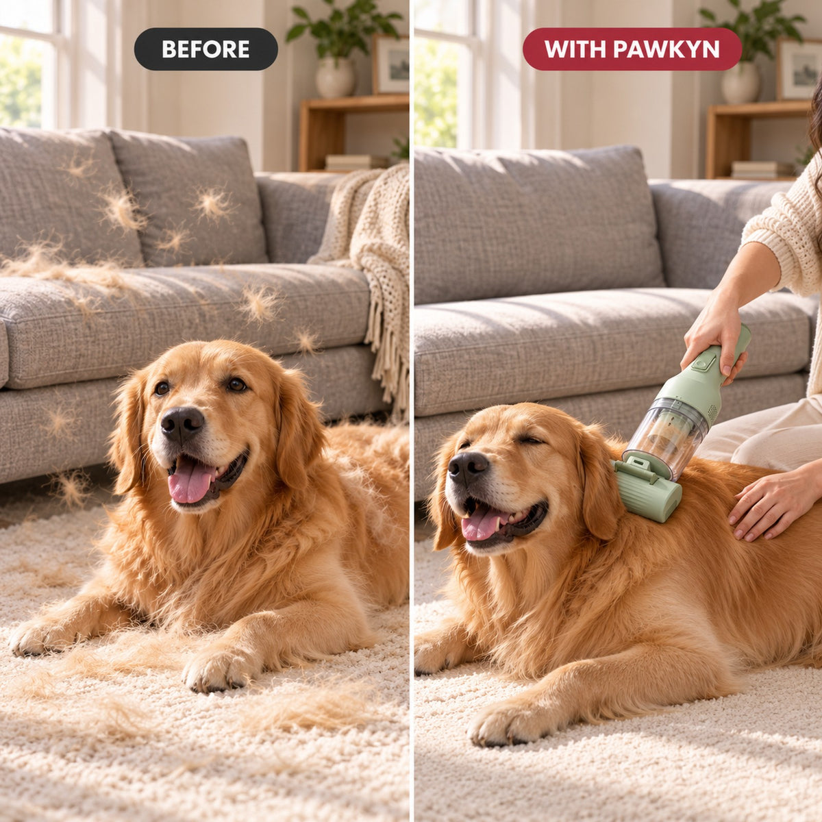 Before and after GroomPro: fur on the sofa vs a clean living room