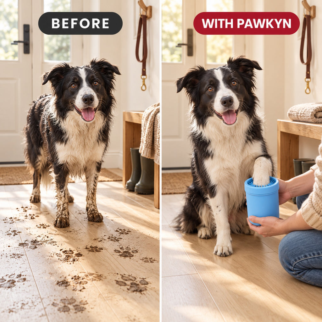 Before and after MudFree: muddy paw prints in the hallway vs a spotless floor