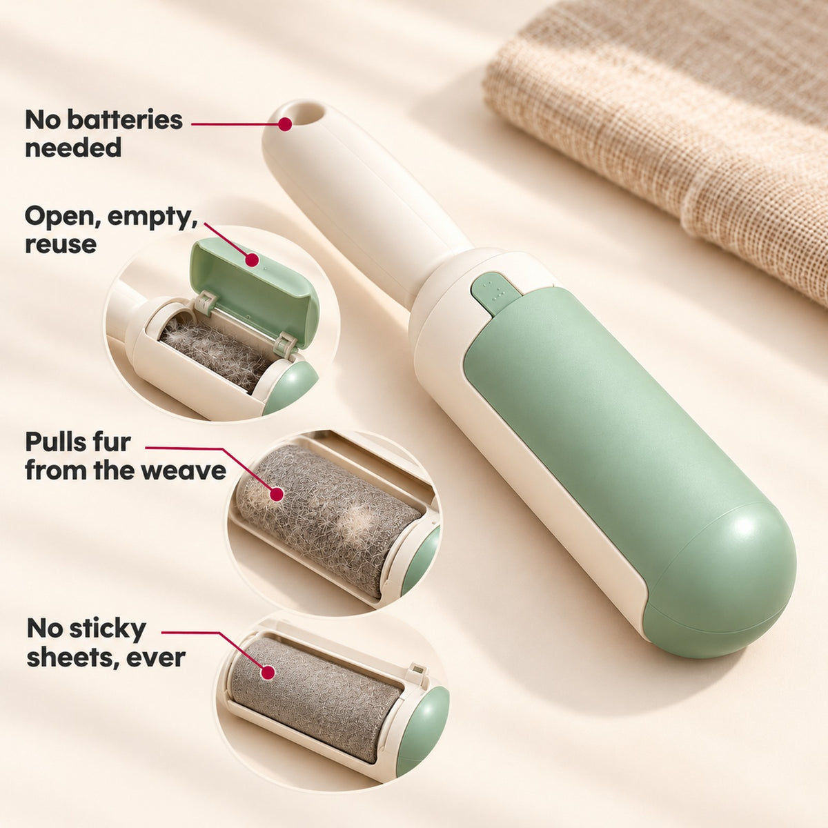 FurLift benefits: no sticky sheets, pulls fur from the weave, open empty reuse, no batteries