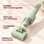 GroomPro benefits: catches fur as you brush, 5 swappable heads, clear one-click cup, cordless USB-C