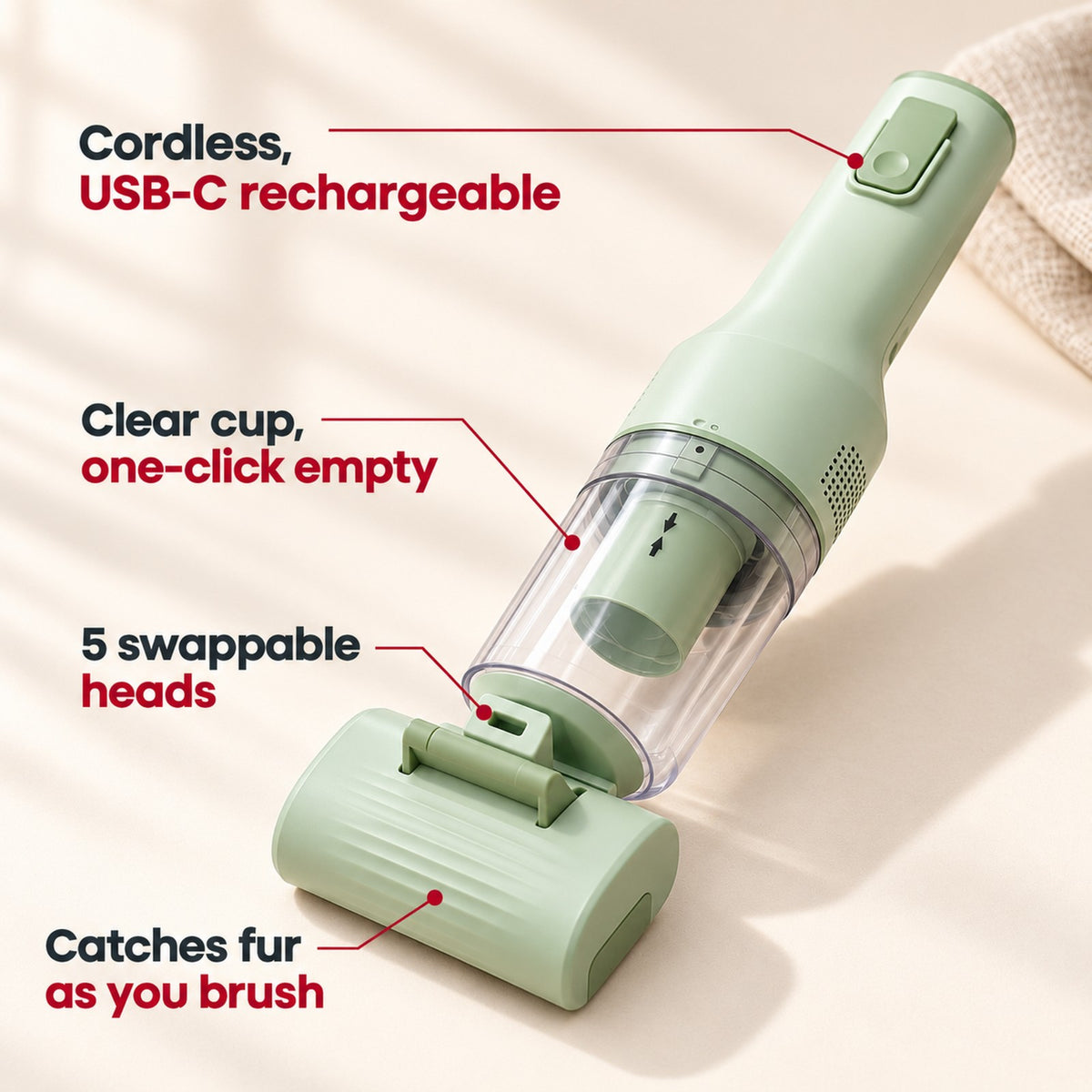 GroomPro benefits: catches fur as you brush, 5 swappable heads, clear one-click cup, cordless USB-C