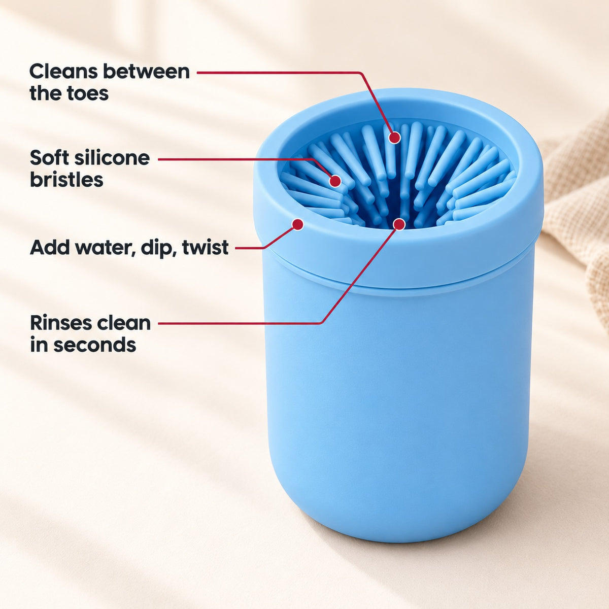 MudFree benefits: cleans between the toes, soft silicone bristles, dip and twist, rinses clean