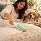 FurLift reusable roller lifting beagle fur off a cream sofa