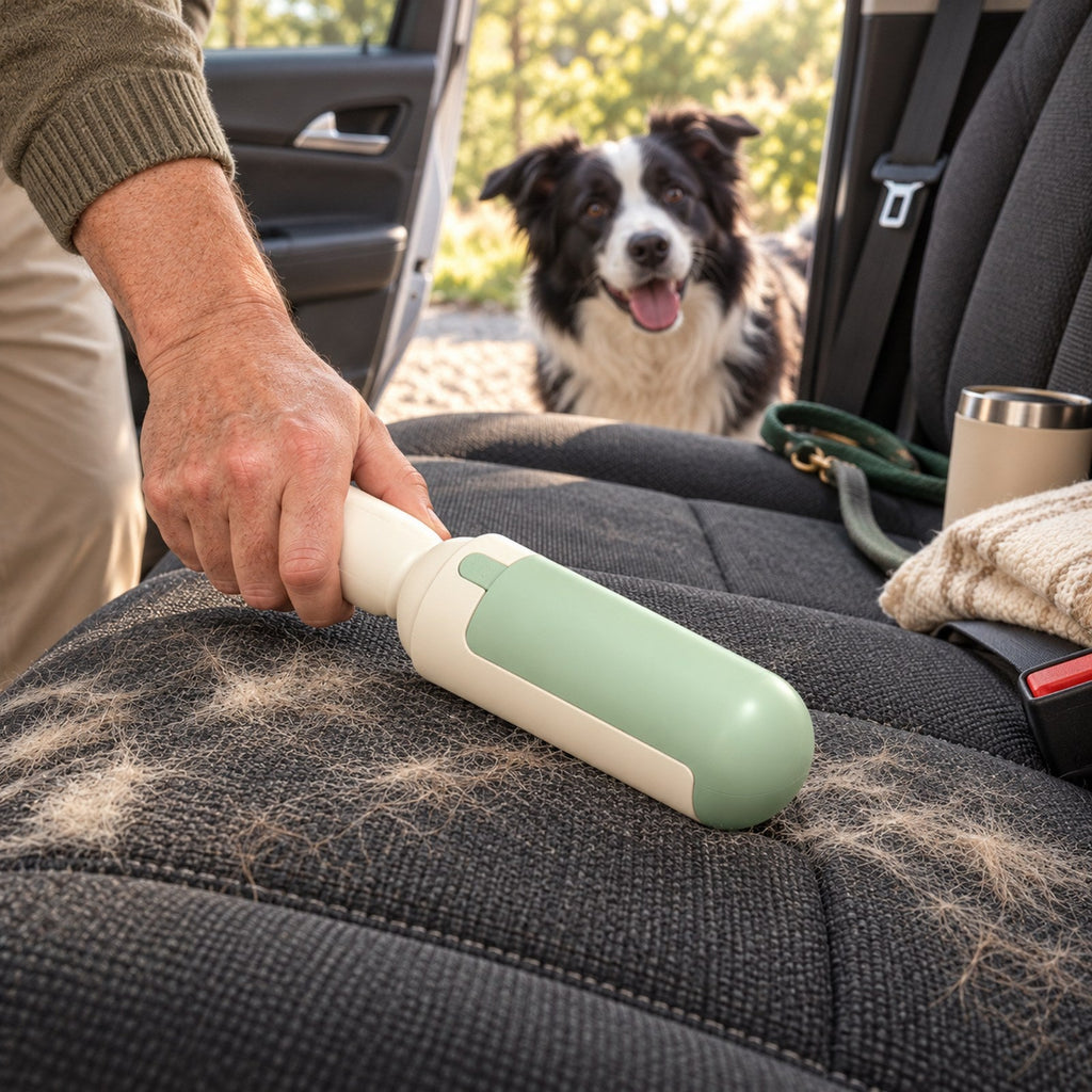 FurLift removing dog hair from a car back seat with a border collie watching