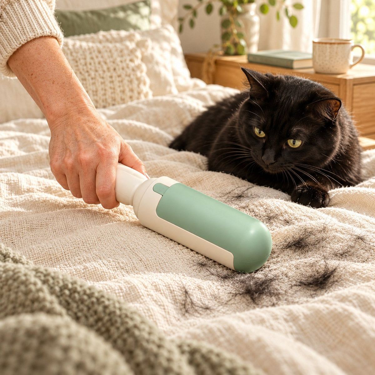 Using FurLift on bedding while a black cat watches