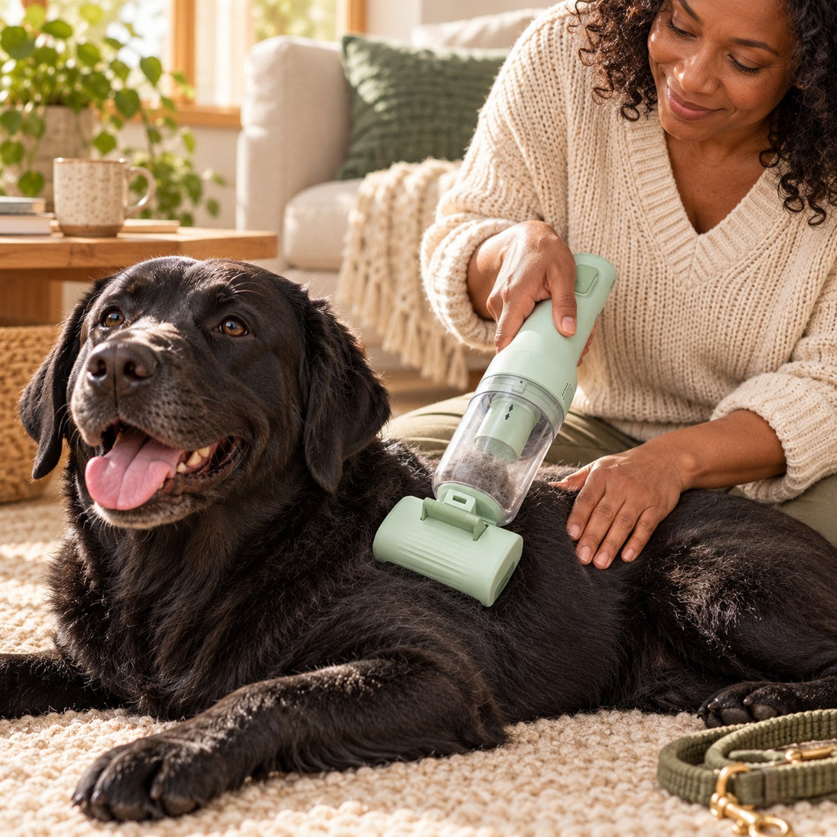 Owner grooming a black labrador with the GroomPro grooming vacuum, loose fur collecting in the clear cup