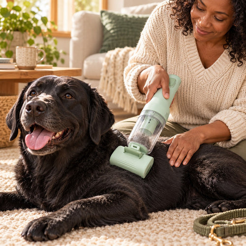 Owner grooming a black labrador with the GroomPro grooming vacuum, loose fur collecting in the clear cup