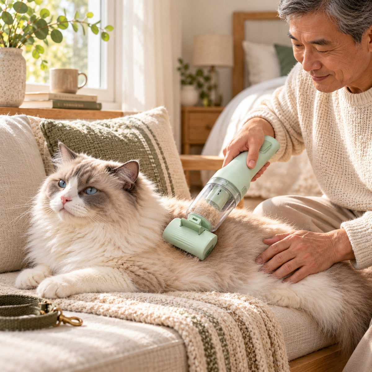 Ragdoll cat relaxing on a sofa while being groomed with GroomPro