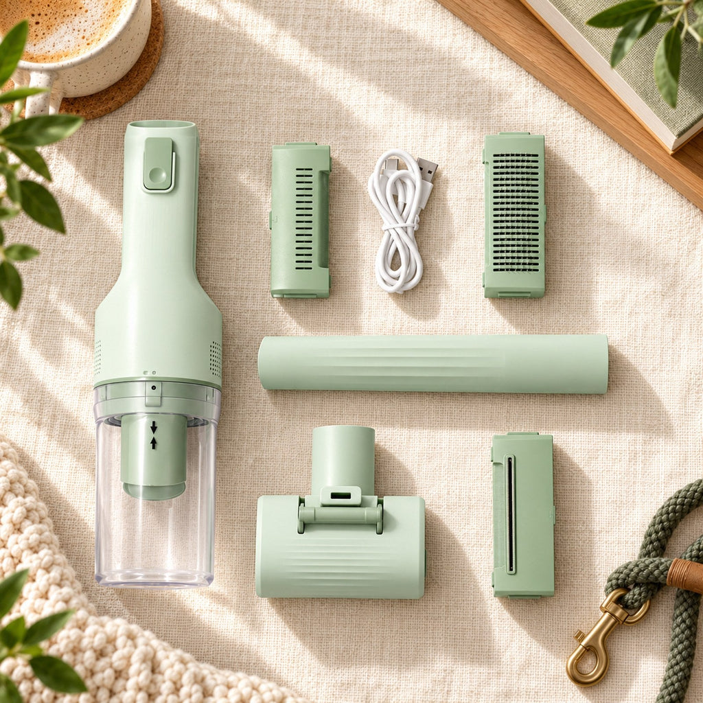 Everything in the GroomPro kit: cordless vacuum, 5 grooming heads and USB-C cable