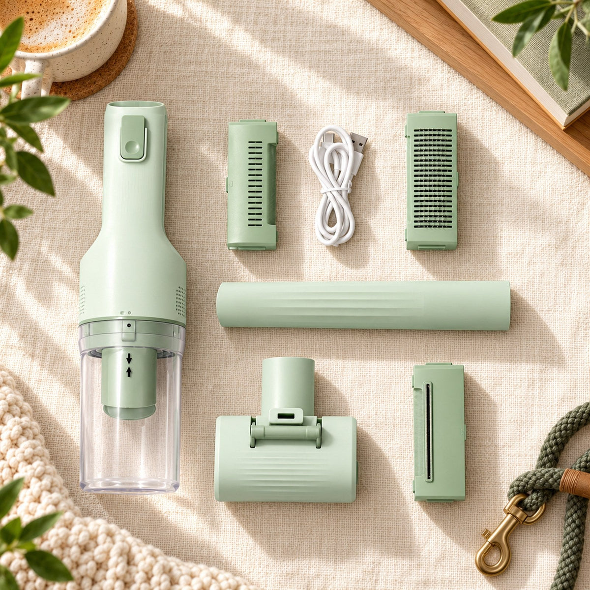 Everything in the GroomPro kit: cordless vacuum, 5 grooming heads and USB-C cable