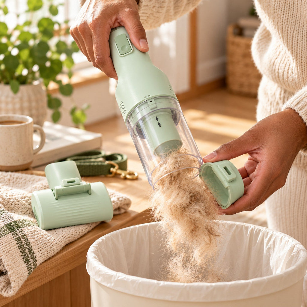 Emptying the GroomPro fur cup into a bin in one click