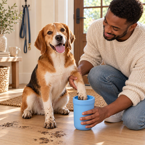 Owner cleaning a beagle's muddy paw with the MudFree paw cleaner at the front door