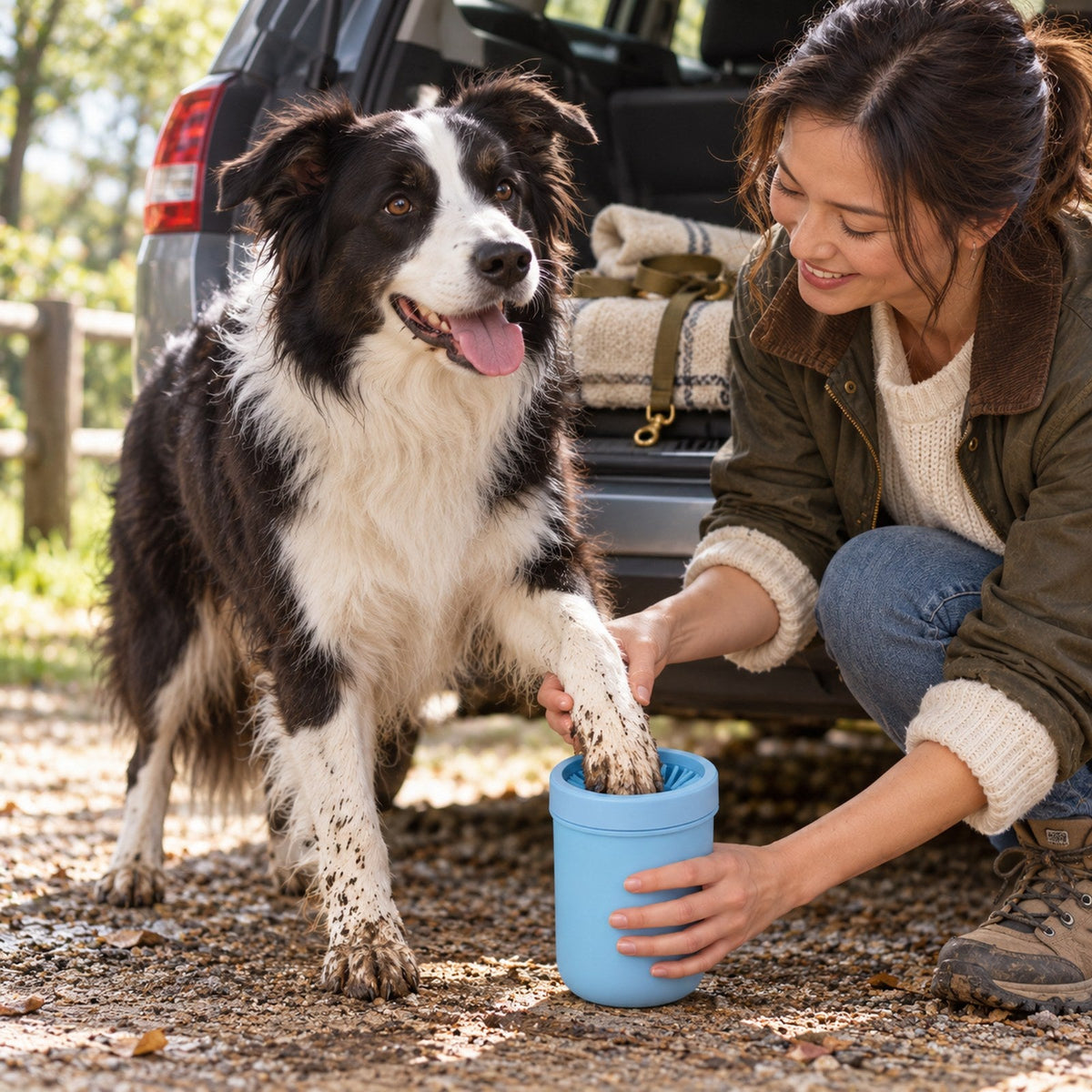 Using MudFree on a border collie at the car after a muddy walk