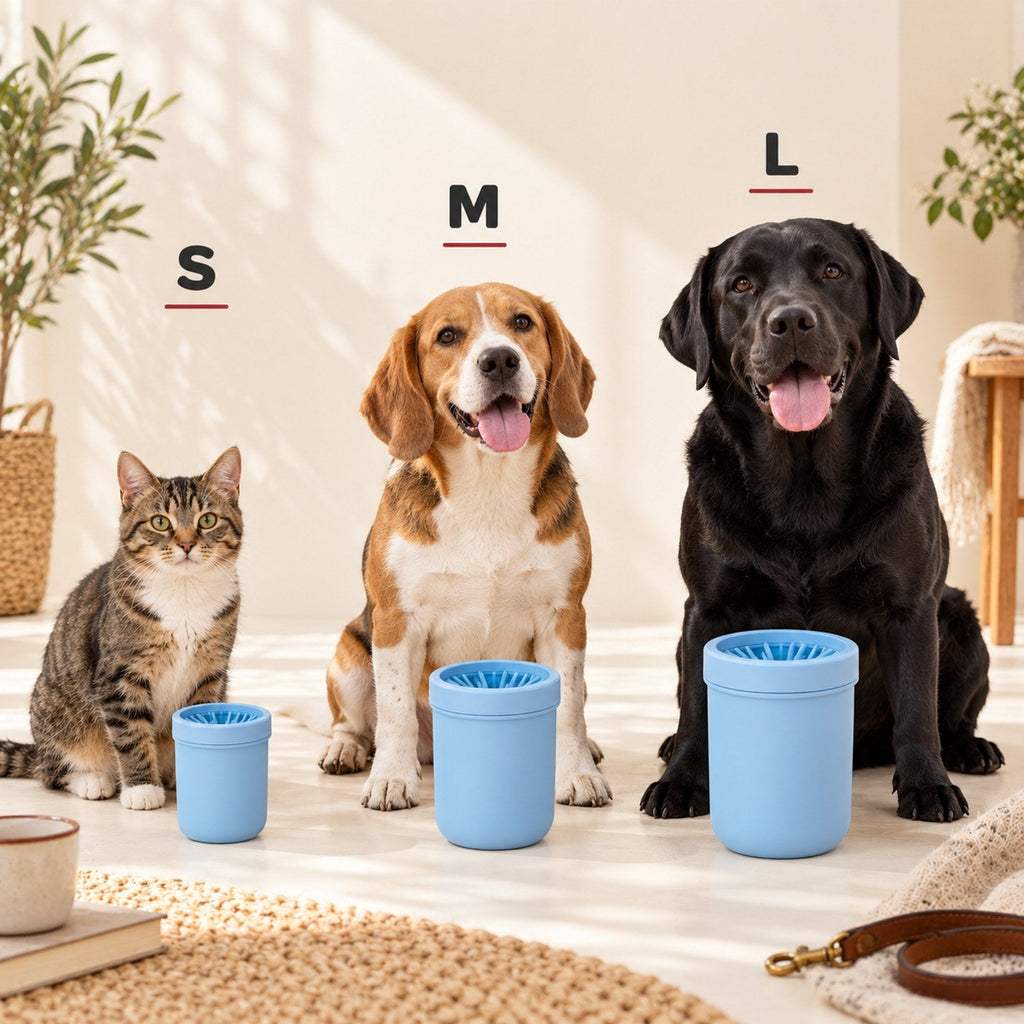 MudFree size guide: small, medium and large cups for cats, small dogs and large dogs