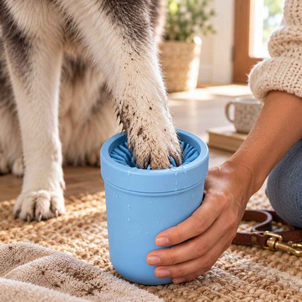Close-up of the MudFree soft silicone bristles around a dog's paw