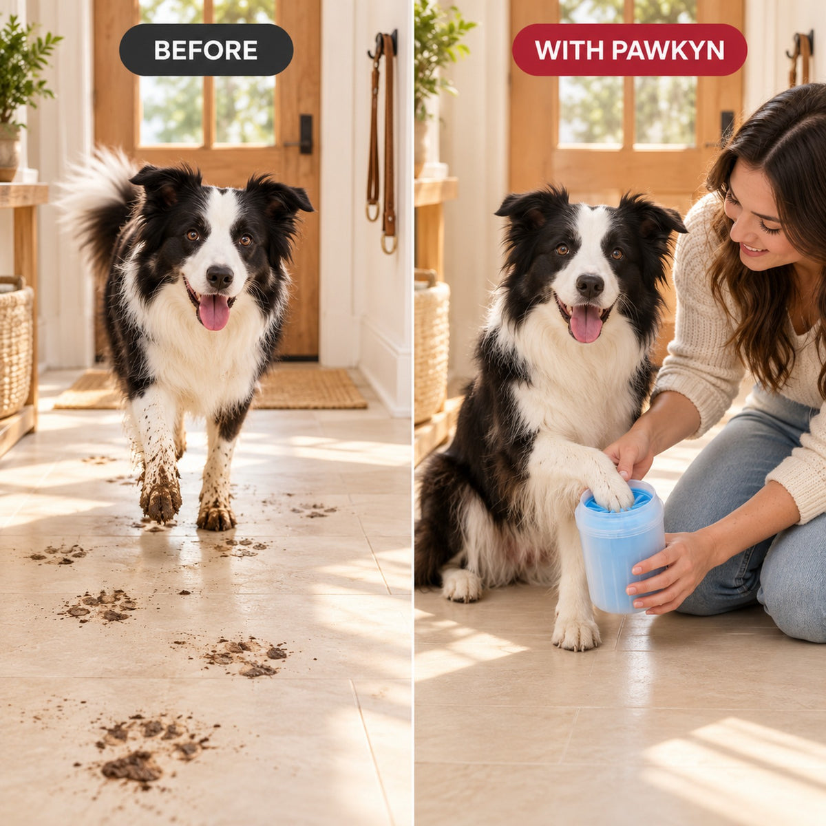 Before and after MudFree: muddy paw prints in the hallway vs a clean floor and clean paws