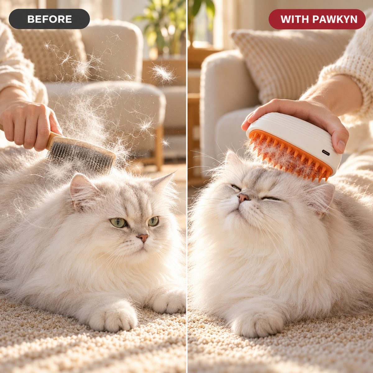 Before and after SpaMist: fur floating from dry brushing vs a calm Persian cat with fur on the brush