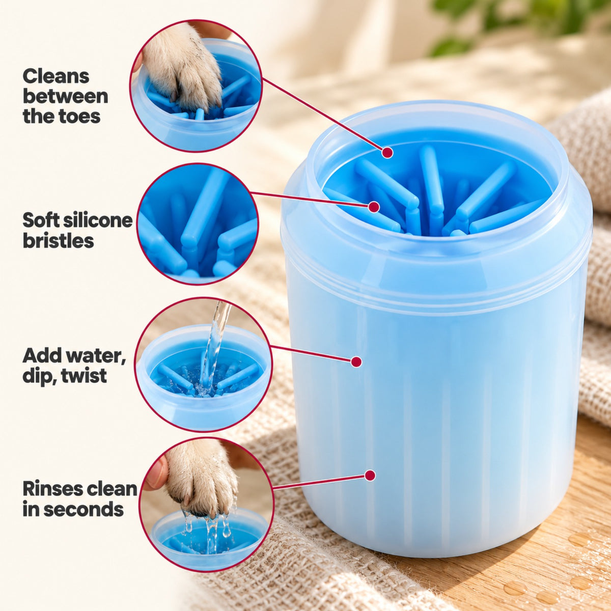 MudFree benefits: cleans between the toes, soft silicone bristles, dip and twist, rinses clean