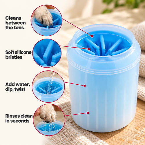 MudFree benefits: cleans between the toes, soft silicone bristles, dip and twist, rinses clean