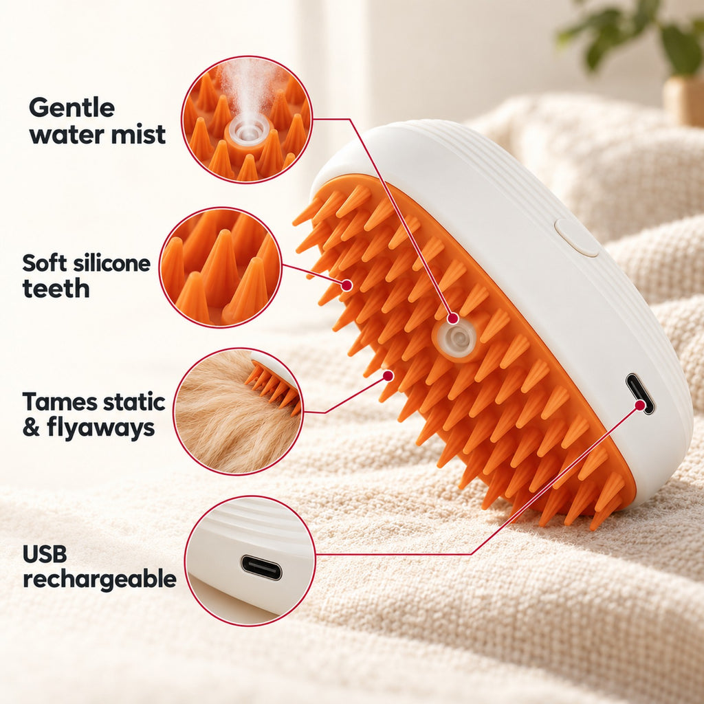 SpaMist benefits: gentle water mist, soft silicone teeth, tames static and flyaways, USB rechargeable