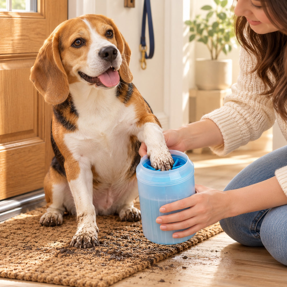 Owner cleaning a beagle's muddy paw with the MudFree paw cleaner at the front door