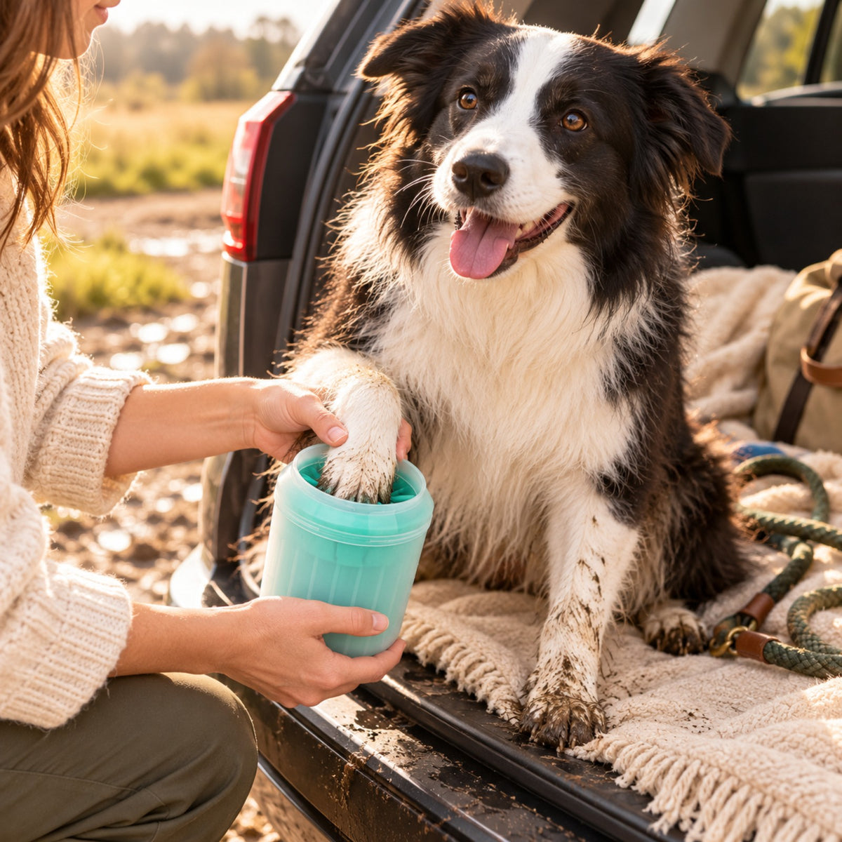 Using MudFree on a border collie at the car after a muddy walk