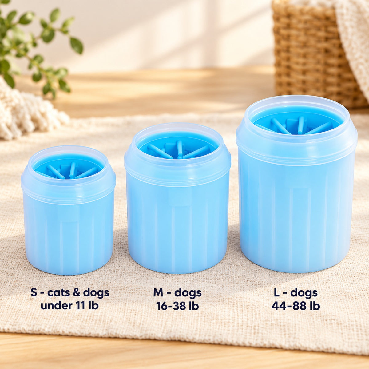 MudFree size guide: small, medium and large cups for cats, small dogs and large dogs