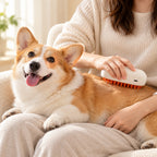 Corgi relaxing on its owner's lap while being brushed with SpaMist
