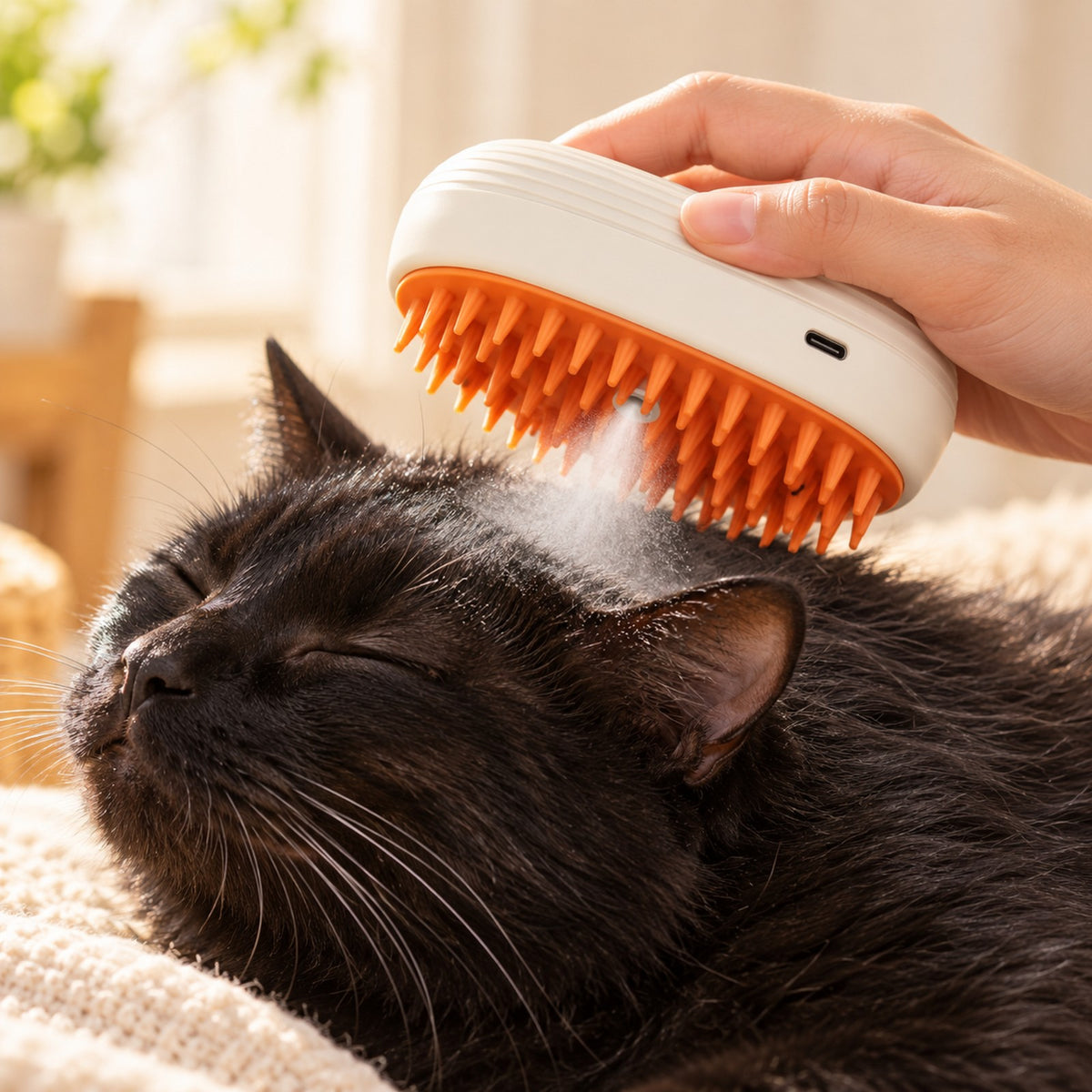 Close-up of SpaMist's fine mist while brushing a black cat