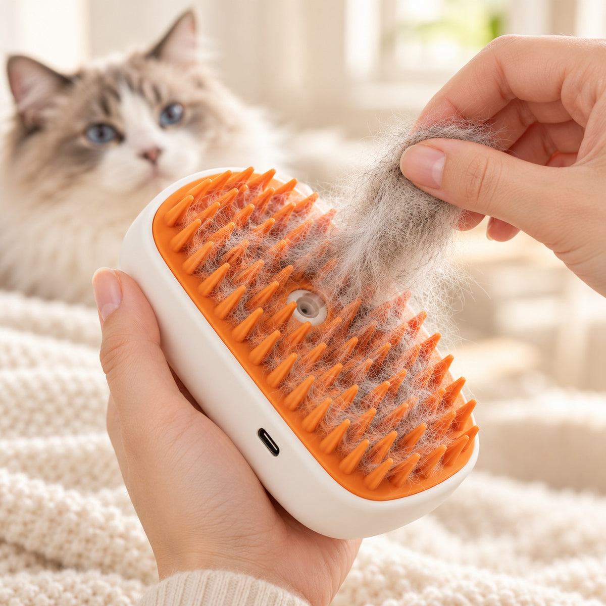 Pulling a clump of loose fur off the SpaMist orange silicone teeth