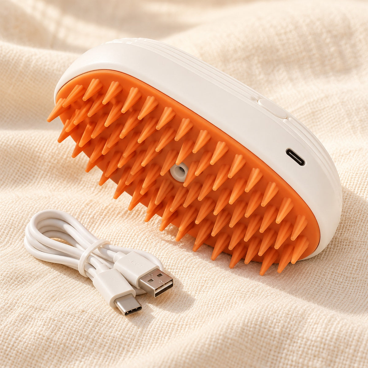 SpaMist brush in white with orange silicone teeth and its USB cable