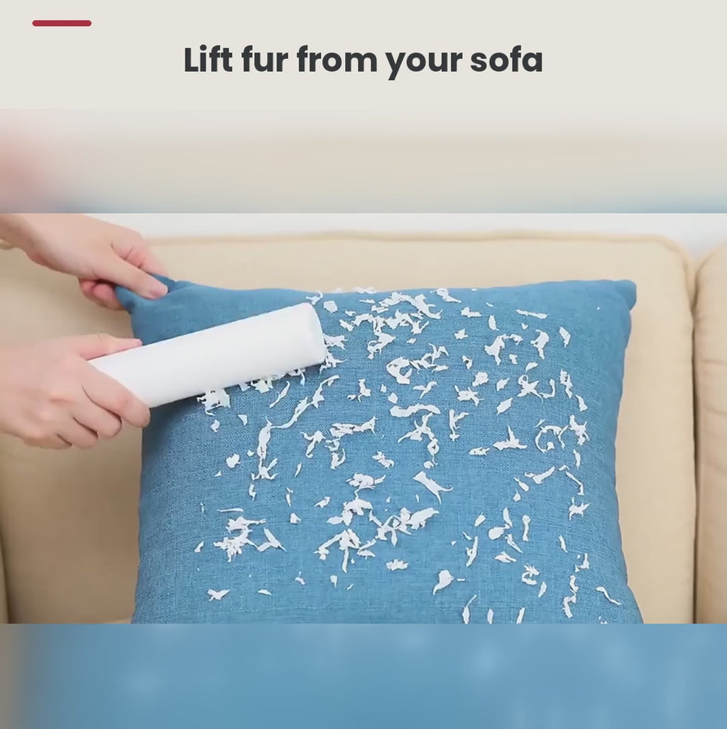 FurLift demo: rolling pet hair off a sofa cushion and coat, then emptying the chamber