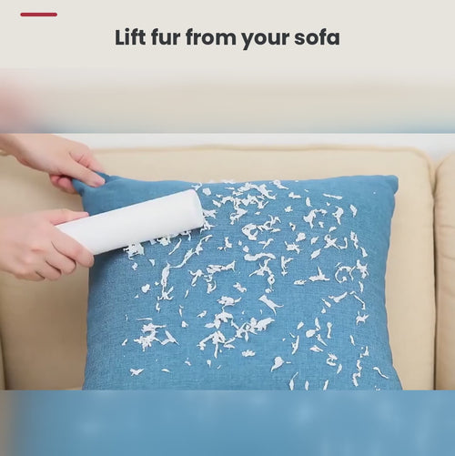 FurLift demo: rolling pet hair off a sofa cushion and coat, then emptying the chamber